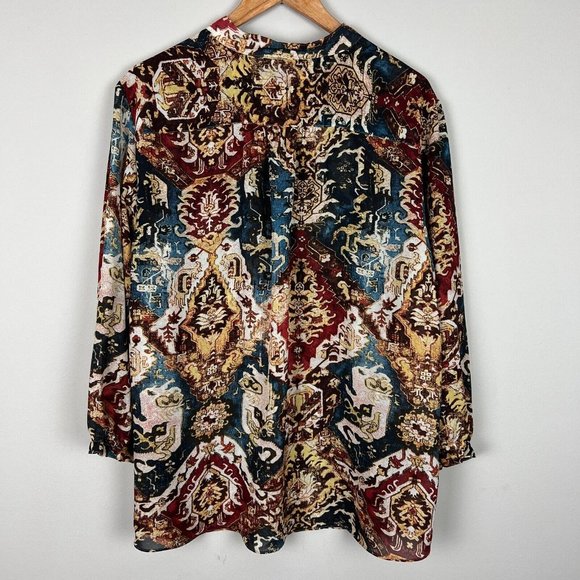 Chaps Blouse Top 3X Multicolor Printed Sheer Balloon Sleeve V-Neck Womens Plus - Picture 7 of 11